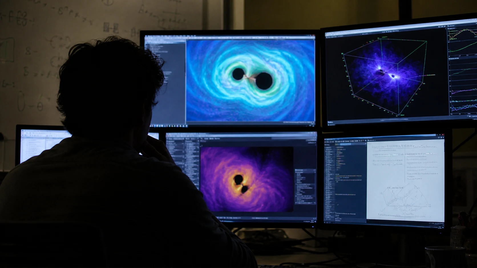 Istraživač promatra simulacije prostor-vremena na zaslonima
