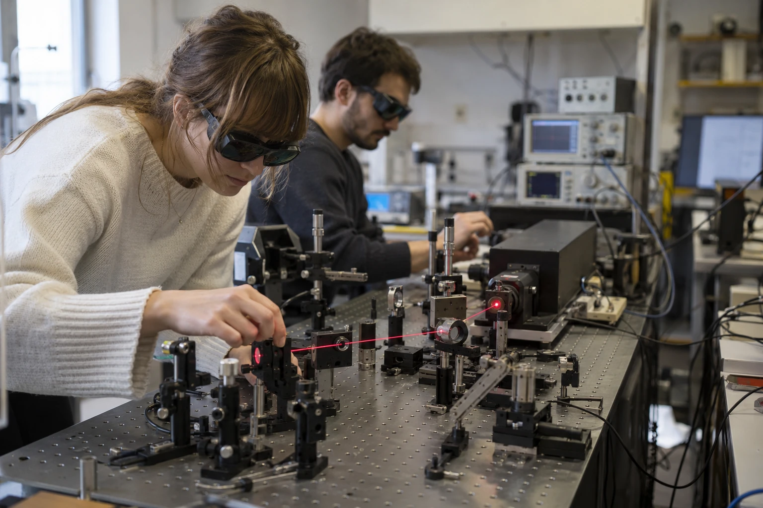 Sveučilišni fizikalni laboratorij s optičkom klupom i instrumentima za mjerenje vremena