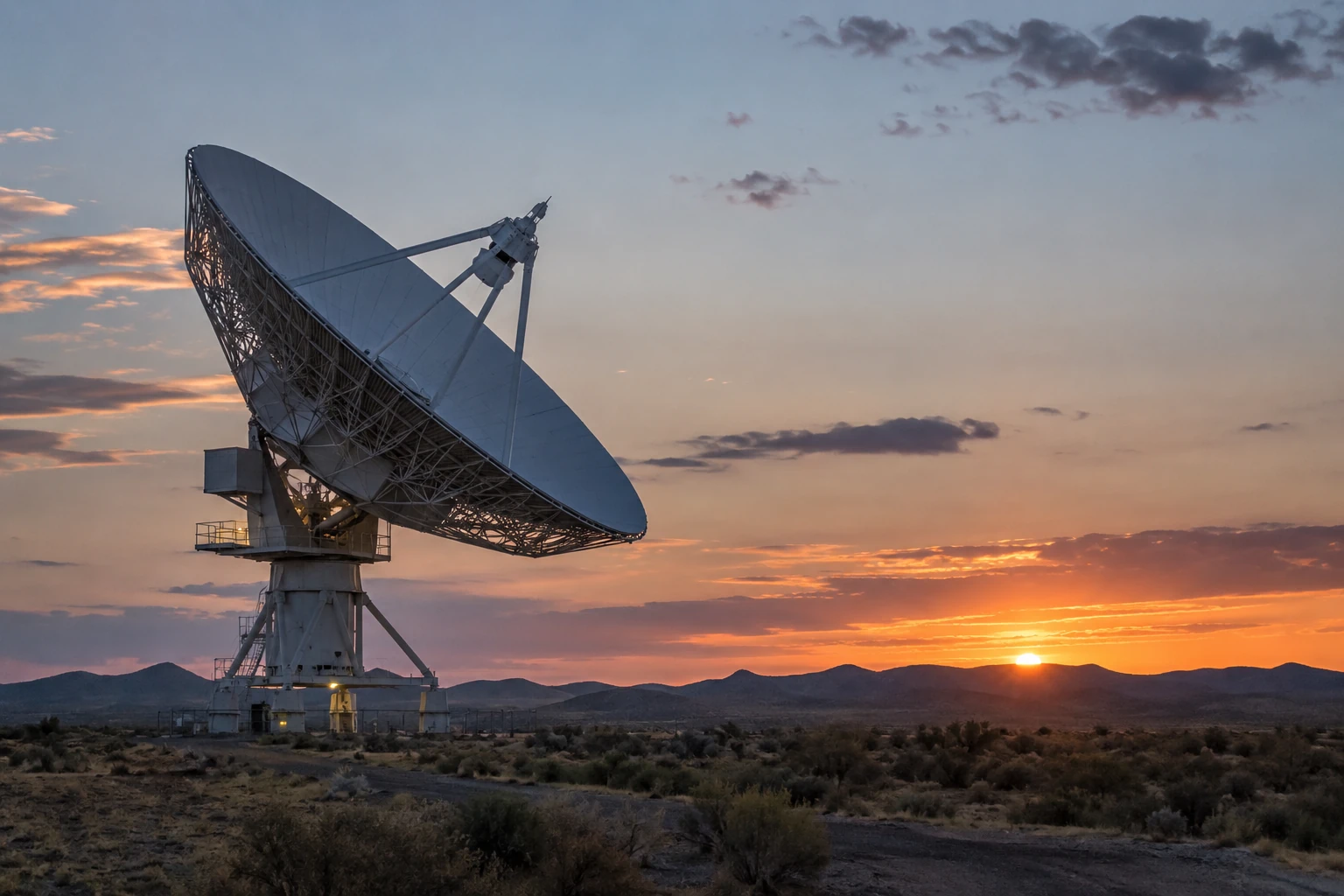 Radioteleskopska antena u krajoliku pod večernjim nebom